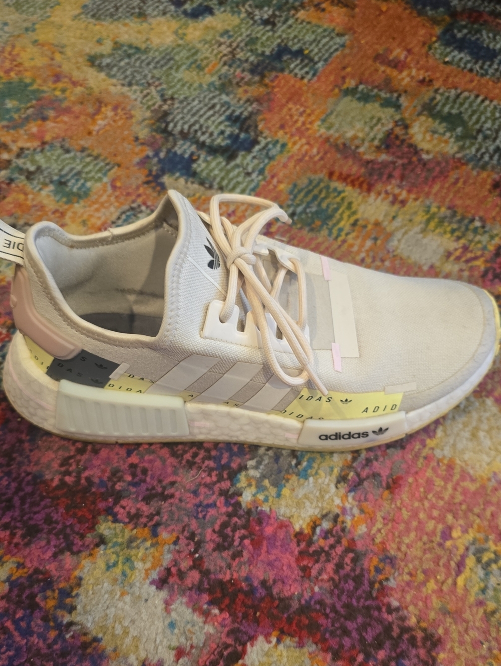 adidas NMD R1 Sneakers in White with Light Pink and Pale Yellow Accents